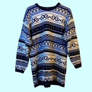 Vintage Adina Blue Greek Style Print Striped Knit Sweater